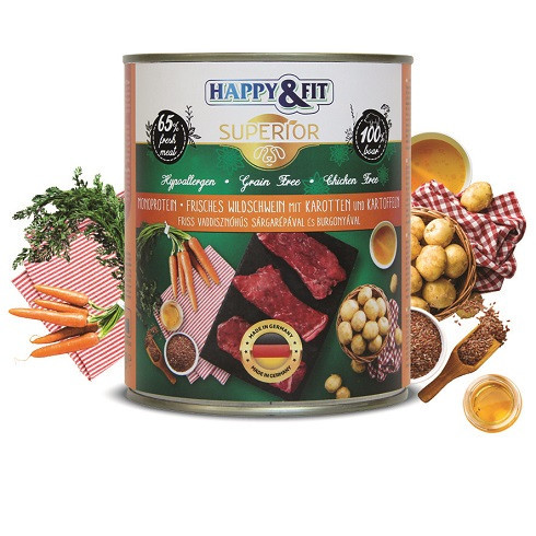 Happy&Fit Superior Dog Konzerv Friss Vaddisznóhús S.répával burgonyával 400g