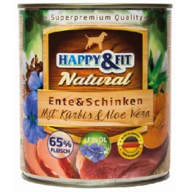   Happy Fit Natural Dog Konzerv Kacsa-Sonka Sütőtökkel-Aloe Verával 800g